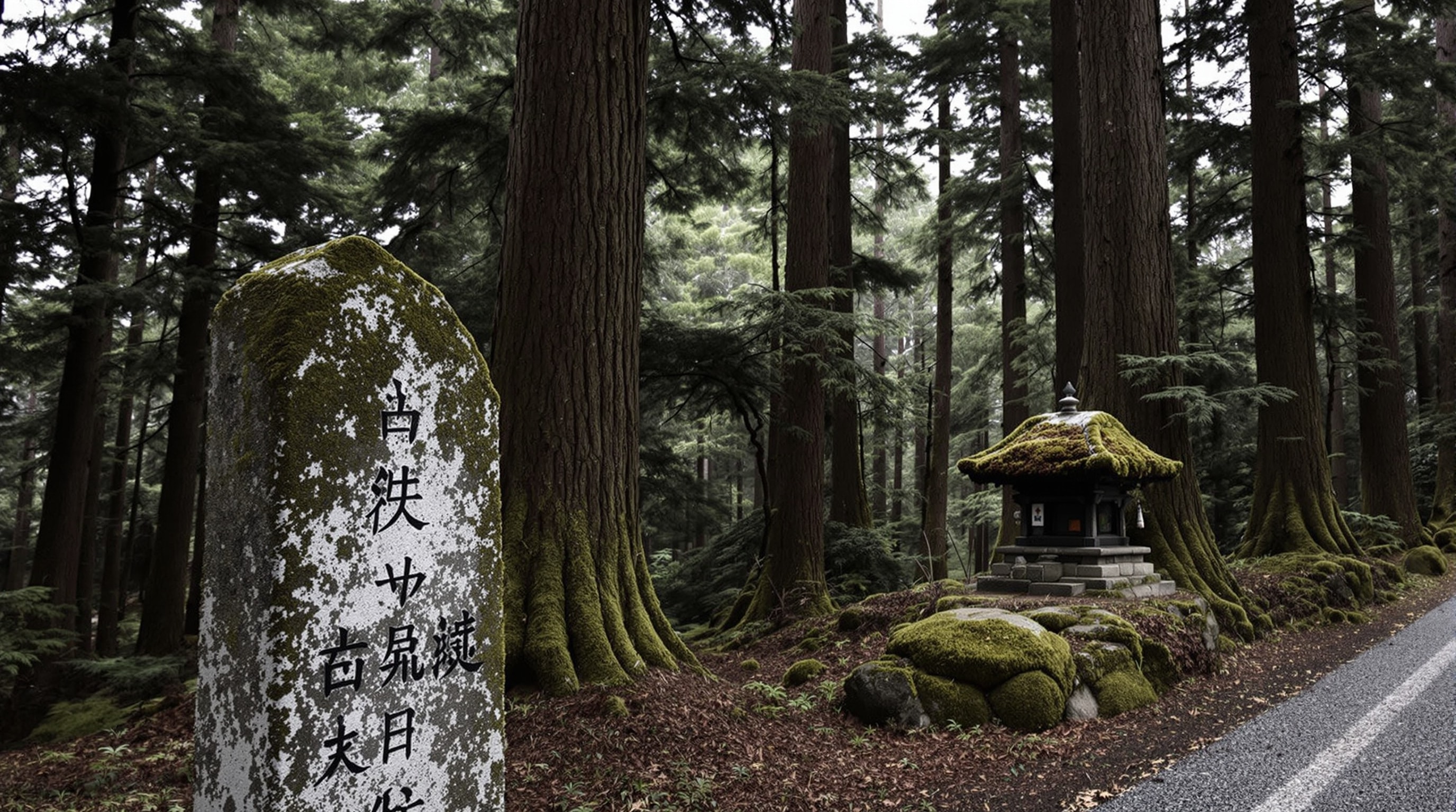 熊野街道沿いの古い王子社跡を思わせる苔むした石碑