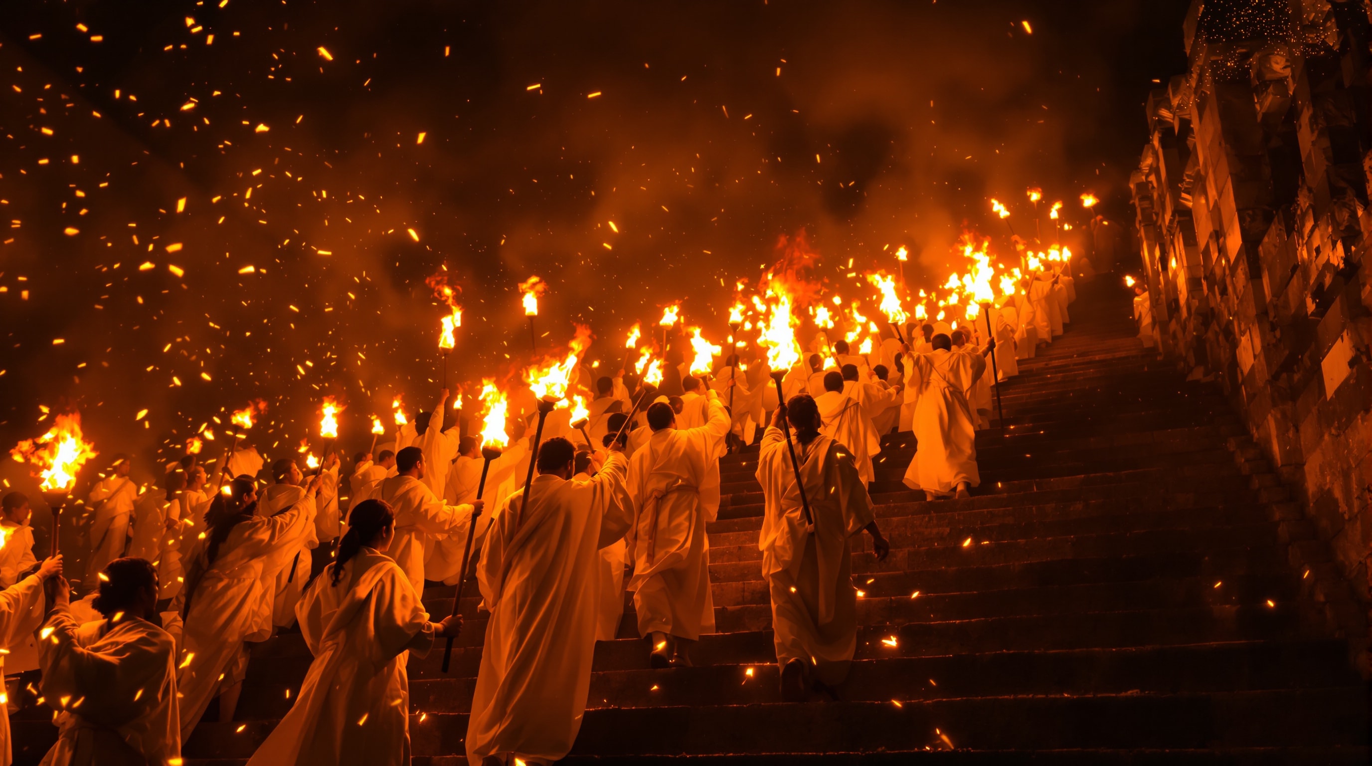 松明をかかげて石段を下る熊野の火祭り